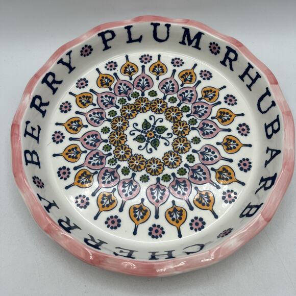 RARE Anthropologie Stoneware Strawberry Rhubarb Plum Pie Plate 10" Pink Orange - Picture 2 of 6